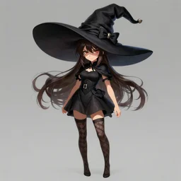 smug young witch, brunette, checked stockings, short black dress, huge hat, full bodyshot, anime, fantasy, portrait, highly detailed, headshot, digital painting, trending on artstation, concept art by miaormoa