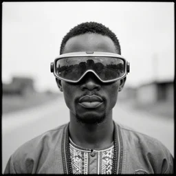 an analogue symmetrical photo of an Tribal Igbo man wearing futuristic mech eye-visor, black & white, 35mm, f/1.4,