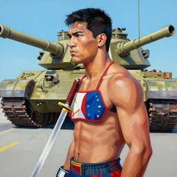 greg manchess side portrait of a filipino mma fighter with a sword standing in front of a tank, organic painting, sunny day, matte painting, bold shapes, hard edges, street art, trending on artstation, by huang guangjian, gil elvgren, ruan jia, randy vargas, greg rutkowski