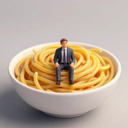 a tiny man wearing a business suit sitting in a gigantic spaghetti bowl, artstation