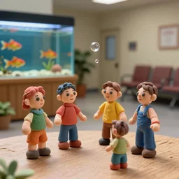 plasticine model of stop motion figures clay. strange. tilt shift. bubbles. weird. fish tank in waiting room. photorealistic.