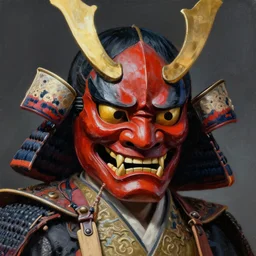 A head-on detailed oil portrait of japanese samurai wearing oni mask by greg rutkowski and artgerm, trending on artstation,  dungeons and dragons art