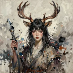 a messy painting of a woman with antlers in the style of noriyoshi ohrai, trending on artstation, highly detailed, digital art