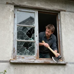 A man and a broken window and an axe sticking out of the window,8k,photorealistic