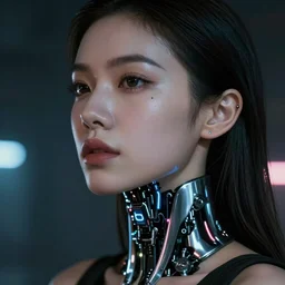 “ a portrait of a beautiful cyberpunk woman with a robotic neck and glowing neon piercings, photography, 8 k dramatic lighting, strong depth of field ”