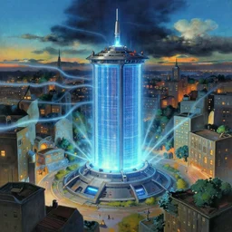 painting of a futuristic free energy generator in a city, electricity, power, octane rendering, trending on artstation, studio ghibli, michael whealan and james gurney