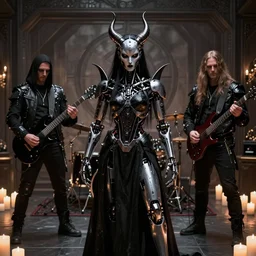 norwegian black metal band, guitarists, bassist, drummer, vocalist, all black cyberpunk clothes, robotic prosthetic limbs, dermal implants, cyborg satan, futuristic, realistic, promo photograph, epk, in a room full of candles, high quality, highly detailed