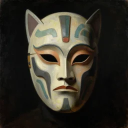 painting of a futuristic person wearing a futuristic tribal mask. pulp sci - fi art for omni magazine. high contrast. dark background. baroque period, oil on canvas. renaissance masterpiece. muted colors, soft gradients. trending on artstation. retrofuturism.