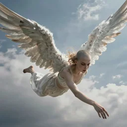 androgynous fallen angel with shaved head on one falling through the sky while battling superior larger angels, beautiful, hd, high detailed, 4 k, art by leonardo da vinci, art by greg rutkowski