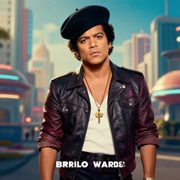 bruno mars with a beret in a retrofuturistic city, retro futuristic fashion, photography award winning,