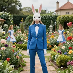 super model wearing a blue suit and a bunny mask, in the middle of a colorful garden, Alice in wonderland theme, detailed, cinematic lighting, photo in the style of Annie Leibovitz and David lachapelle and Steve meiele