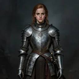 emma watson wearing medieval suit of armor, illustration, concept art, art by wlop, dark, moody, dramatic
