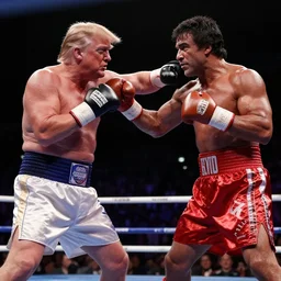 cinematic shot of donald trump and rocky balboa fighting in a boxing ring, 8 k, intricate, detailed,