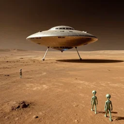 still image of surface of Mars with ufo landing and aliens walking