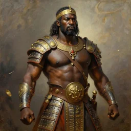 a powerful and muscular male african warrior, ornate armour, realistic oil painting by Thomas Cole and Wayne Barlowe