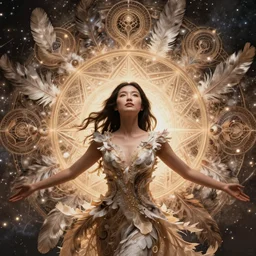 ecstatic beautiful young asian woman by irakli nadar, several layers of 3 d feathers fractals radiating behind with sacred geometry, cosmic, natural, awakening, symmetrical, in the style of ernst haeckel, effervescent, warm, photo realistic, epic and cinematic