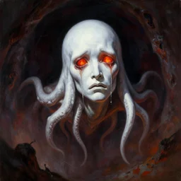 painting by wayne barlowe of a flying sorrowful looking human head with tears running down it's eyes, face that is chalk white in color, with long sprawling white tentacles stemming down it's neck, fiery scorching red eyes, flying in a terrying hellish dark cavernous place