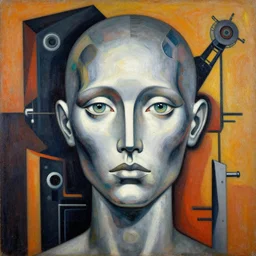 a portrait headshot of sci fi metallic human, bright eyes, melancholic complex geometric figure liminal machinery by oskar schlemmer, moebius, john berkey, film grain, oil on canvas, portrait facial head, featured on artstation, hd wallpaper, 8 k, bright colors