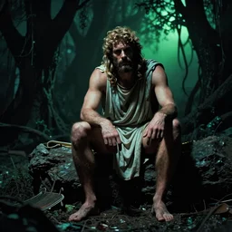 the image is a lost comic book film still 1 9 8 0 s in this image, we see the greek god hades. he is waiting for someone, lost in thought. it is a dark and foreboding place, surrounded by shadowy trees and lit by a single, eerie green light. vibrant cinematography, anamorphic lenses, crisp, detailed image in 4 k resolution.