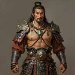 tai warlord, portrait, historical, ethnic group, traditional costume, leather armor, fantasy, intricate, with dong son bronze artifacts, beads cross onbare chest, elegant, loin cloth, highly detailed, oill painting, artstation, concept art, matte, sharp focus, illustration, hearthstone, art by earl norem