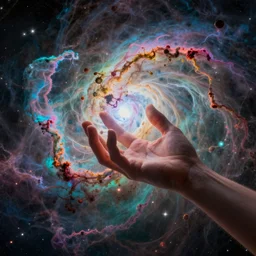 a hand reaching out from a colorful nebula, digital art, psychedelic, 8K