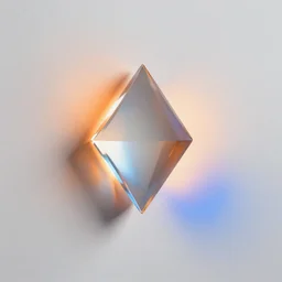 hyperrealistic rendering on very beautiful white wall with beautiful contrast of light and shadow, orange to blue gradient luminescence, professional foto, front elevation, optical illusion, close - up, in focus, glass prism, reflection