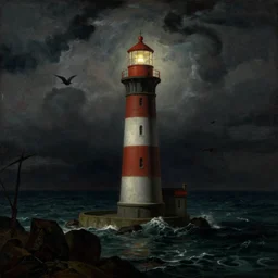 a lighthouse in the middle of the ocean, painting by Caspar David Friedrich, gothic art, apocalypse landscape, atmospheric, nightscape, highly detailed