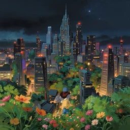 a prosperous and evil modern city under the starry sky in the dark. a wholesome animation key shot, covered by nature hipster vibes by studio ghibli, animation, sharp, rendered in unreal engine 5, focused, anime key art by greg rutkowski, bloom, dramatic lighting