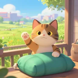 a cat waving to the camera and wishing the viewer a nice day, sunny day, fields, cityscape, balcony, waist up, pixar and disney animation, sharp, rendered in unreal engine 5, anime key art, camping, sleeping bag