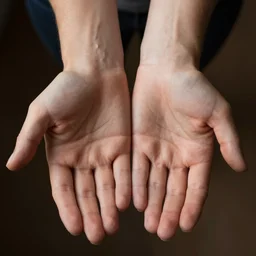 looking down at my own hands with one palm facing down and the other facing up towards the camera, incredibly detailed, symmetric