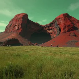 a beautiful hyper realistic detailled matte painting of a grassy plain in an volcanic planet with red rocks and green sky at noon, a landscapse with giant caverns splitting apart, by john howe, albert bierstadt, alena aenami, frank xavier leyendecker, and dan mumford concept art wallpaper 4 k, trending on artstation, concept art, cinematic, unreal engine, trending on behance