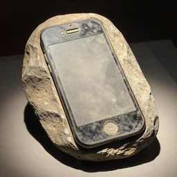 fossil of a stone iphone from the year 1 5 0 0 bc placed in a natural history museum, dusty, direct sunlight, detailed, placed in a museum, 4 k, real, archeological find