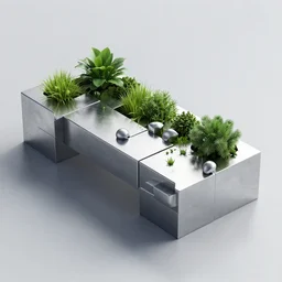 a modern table made of rectangle tetris, made of silver steel and plants, octane render, trending on artstation