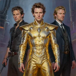 a man dressed in a gold and silver costume, art by john howe, jeff a. menges and zack snyder, deviantart, fantasy art, reimagined by industrial light and magic, oil on canvas, hd