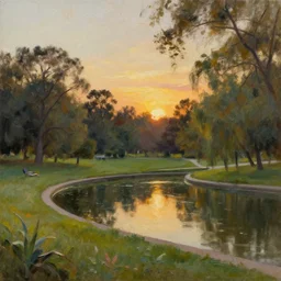 Realistic oil painting of a park scene with a pond at sunset, artstationhq
