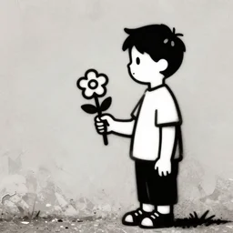 a right side profile of a boy holding flowers in the style of Banksy, graffiti, digital art