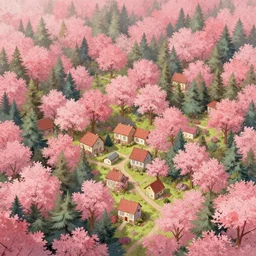 forest full of houses, pink leaves, artstation