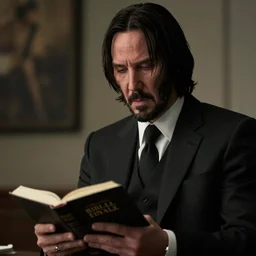 cinematic still of John Wick reading the Bible in John Wick (2009). shallow depth of field, cinematic