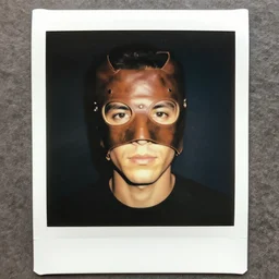 80s polaroid colour flash photograph of gimp, man in leather mask