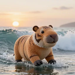 a closeup photorealistic photograph of a smiling knitted tiger hippopotamus riding a large wave during sunset. surf in the background. professional capture. brightly lit scene. this 4 k hd image is trending on artstation, featured on behance, well - rendered, extra crisp, features intricate detail, epic composition and the style of unreal engine.