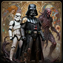 side shot of platonic ideal stormtrooper, malignant dieselpunk and god complex dementor wild hunt chtulu nazgul mandelbulb fantasy, ego death, detailed, darth vader, intricate, volumetric lighting, hyperrealism, intense, scary, decay, artgerm, davinci, ralph mcquarrie, alphonse mucha, empire symbol,
