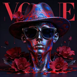 a head made out of melting metal, dark palette, it is wearing sunglasses and a hat, there are flowers all around it, red and blue paint melting, vogue cover style, demonic style, smooth fractal style