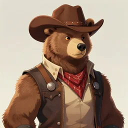 character portrait feature of the anthro male anthropomorphic kamchatka brown bear fursona wearing cowboy outfit wild west desperado character design stylized by charlie bowater, ross tran, artgerm, and makoto shinkai, detailed, soft lighting, rendered in octane