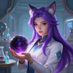 league of legends concept art beautiful young female scientist with neko ears holding spherical black hole in her hand, long purple hair, futuristic laboratory background interior, table with laboratory equipment, art by charles liu, close - up shot, fantasy style, soft lighting, vibrant color scheme, female portrait, ultra detailed, volumetric lighting, octane render, commission art, 8 k wallpaper