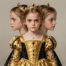 emma watson symmetrical portrait as 1 0 yo renaissance princess, golden and black dress, intricate, elegant, highly detailed, digital painting, artstation, concept art, sharp focus, illustration, art by aleksi briclot, rutkowski