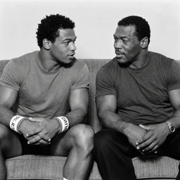 a photo of a young mike tyson and Cus D’Amato talking on a couch, grey scale.