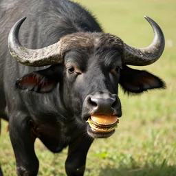 a buffalo eating a hamburger