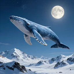 blue whale flying in sky, above mountains, concept art, snow, starry sky, nighttime, full moon