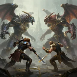 hyperrealism fantasy creatures fight scene with characters from league of legends portrait, by anthony van dyck, digital art, wallpaper of an fantasy fight, background of sci fi city in fog, diffused lighting, extremely detailed, insanely detailed and intricate, 8 k, sharp