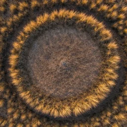 aerial directly overhead close up shot of an empty patch of ground in the badlands surrounded by tuft grass in golden hour lighting